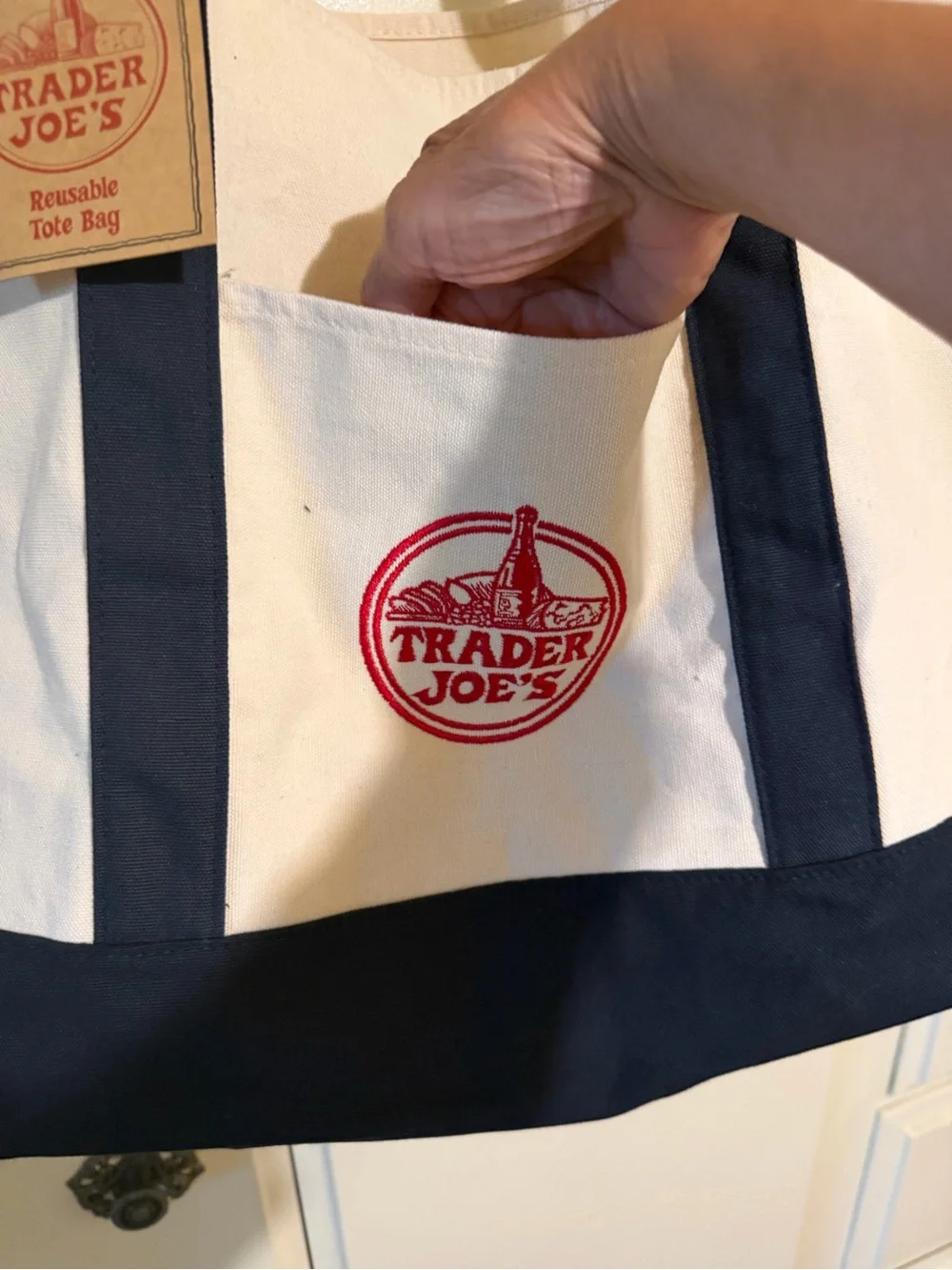 Authentic Trader Joe’s  Canvas Tote Bag in White and Navy 20X 13”
